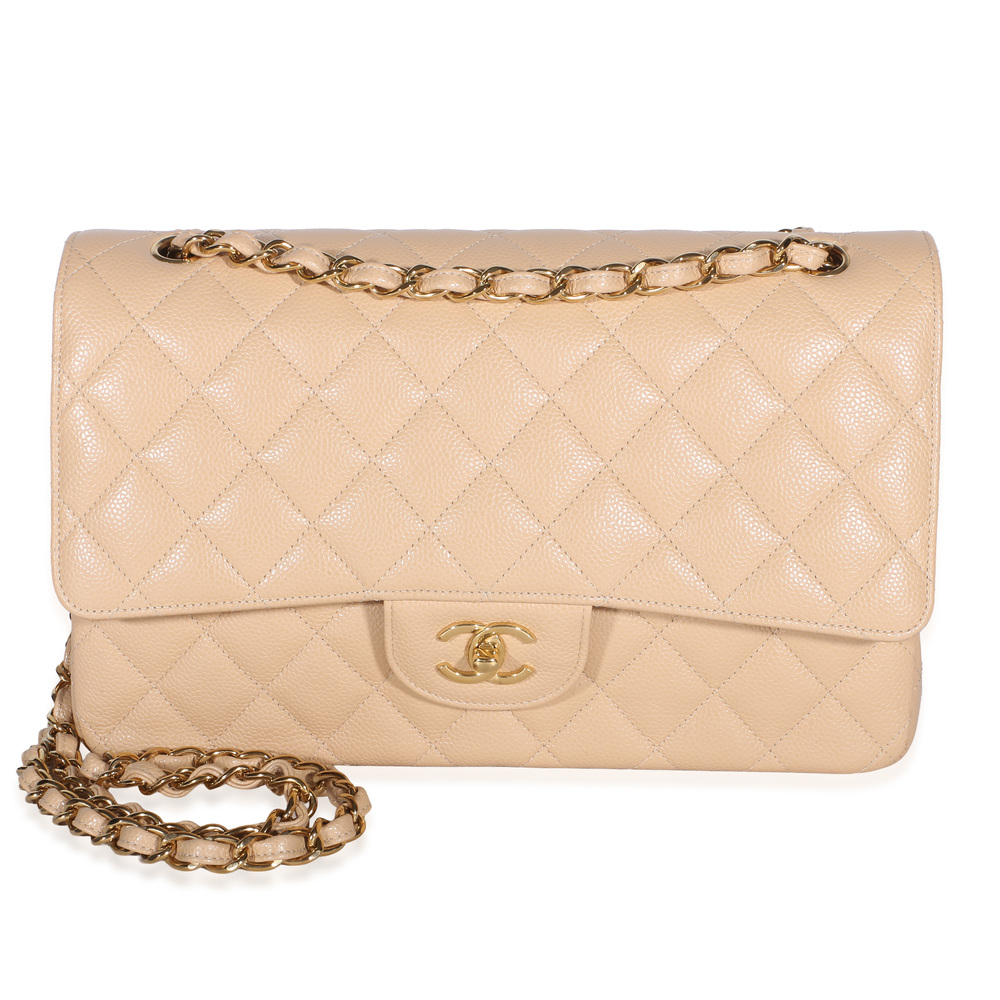 Chanel Beige Quilted Caviar Jumbo Double Flap Bag